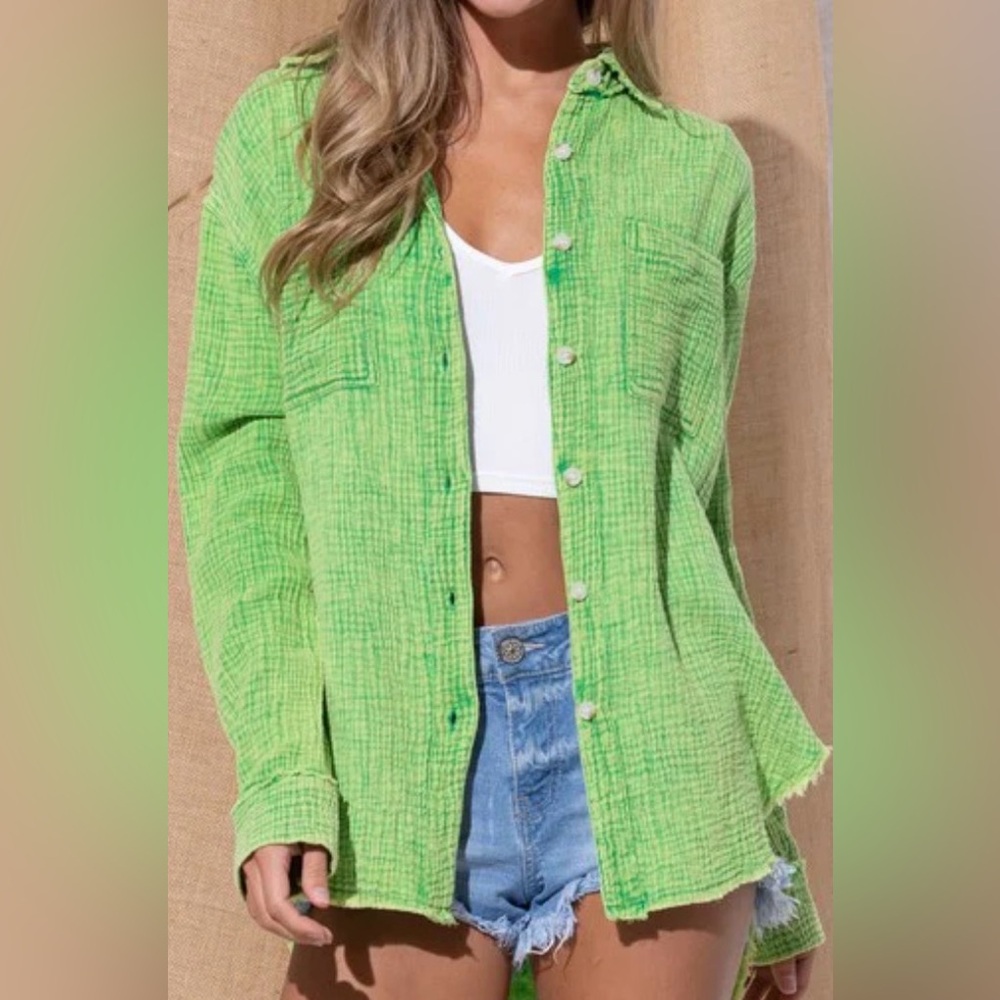 NWT Washing Wrinkled Green Gauze Button Down Shirt - Picture 2 of 8